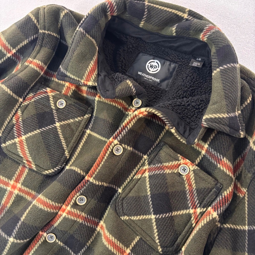 Weatherproof Mens Fleece Sherpa Lined Plaid Shirt Jacket Olive Green Large